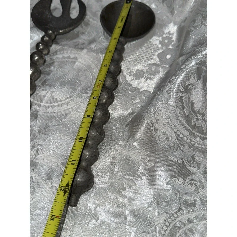Pewter Metal Silver Tone Salad Servers Silverware Bubble Bead Curved Handles